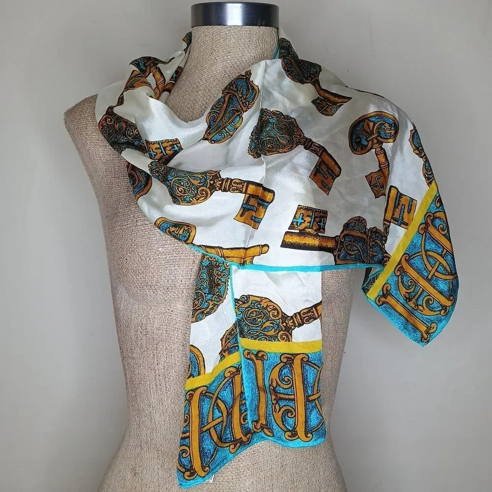 Anne Klein for Vera Co. Scarf Blue Brown Keys Silk Rectangle 51x11 Japan